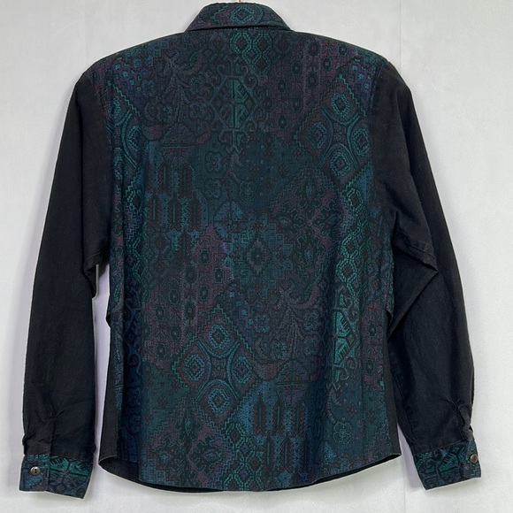 Vintage Circle T Western Cowgirl Button Black and Teal Patterned Tie Front Shirt - Picture 9 of 14